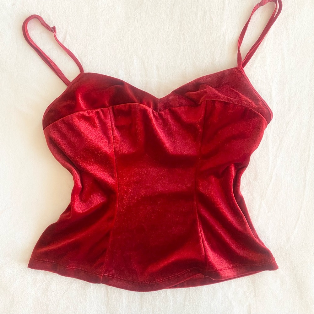 Frederick’s of Hollywood Plush Velvet Stretch Cherry Red Vintage Cami Tank Top